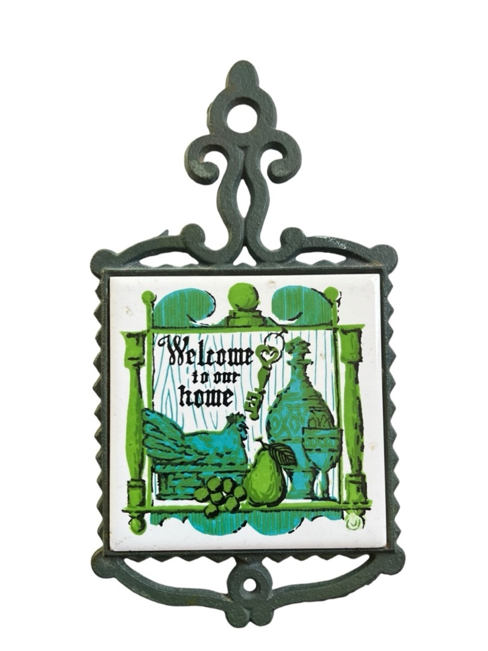 Vintage Ceramic Tile Cast Iron Trivet Retro Wall Decor Kitchen MCM Cottagecore